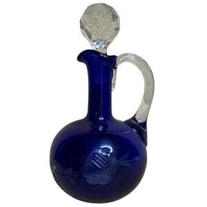 VTG Mid Century Czech Cobalt Blue Glass Cruet Etched Crystal Stopper & Handle